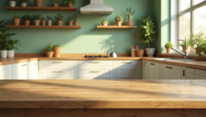 Wooden table top against blurred kitchen. Modern interior features green walls, potted plants on shelves, various kitchenware items. Stylish, functional space aesthetic design. Countertop, sink,