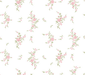 Cute floral vintage print of pink small sakura roses flower bloom branch with green leaves, ditsy and pretty simple vibe. Seamless pattern for woman, fashion fabric textile. Vector illustration spring