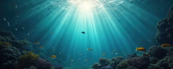 Fototapeta premium Sunlight pierces marine depths with tropical fish in turquoise water. Underwater wildlife, coral reefs, sea plants. Sun beams illuminate ocean floor. Perfect for diving, snorkeling vacation, sea life