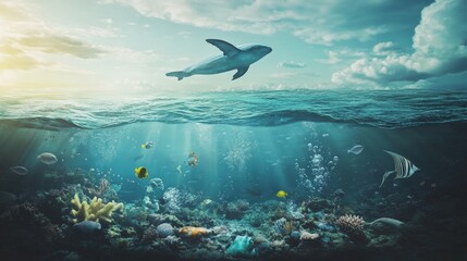Fototapeta premium Underwater World: Dolphin soars above the waves as diverse marine life thrives in a vibrant coral reef ecosystem. capturing the vibrant ecosystem