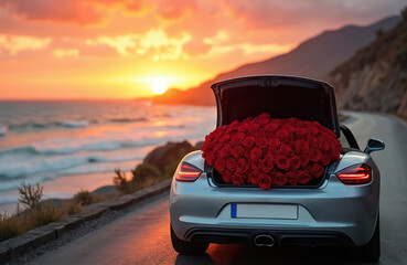 Silver cabrio car with open trunk filled red roses at sunset. Romantic surprise at sea coastline road. Perfect for anniversary, proposal, special occasion, love, couple, celebration, gift.