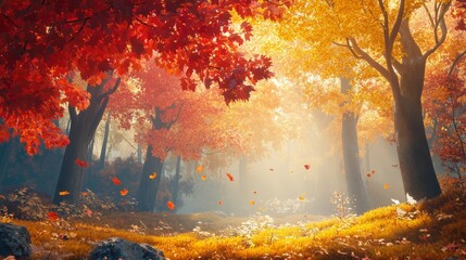 Vibrant autumn forest with golden red leaves reflecting the beauty of nature in peaceful tranquility
