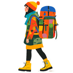 Fototapeta premium Backpacking girl, hand drawn illustration style