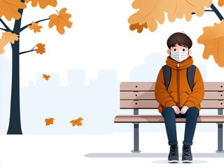 young person wearing face mask sits on bench in autumn park, surrounded by falling leaves
