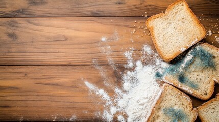 Moldy bread slices scattered on wooden surface with flour, highlighting food spoilage and waste.