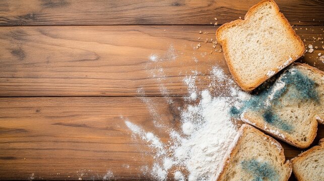Moldy bread slices scattered on wooden surface with flour, highlighting food spoilage and waste.