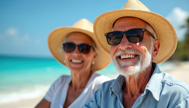 Happy senior couple relaxing on beach wearing straw hats sunglasses. Smiling elderly man, woman enjoy summer travel, vacation, Caribbean tour, happy retirement, life events, memory, moment,