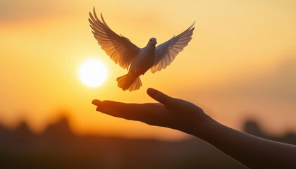 Human Hands Release Bird: Dove Of Peace, Symbolizing Hope, Freedom, Peace, And Spirituality. Silhouette Dove Soaring Over Human Hand In Sunlight.