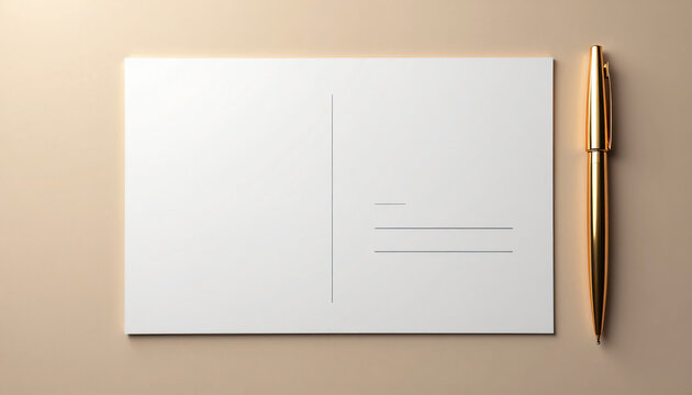 Blank postcard with elegant golden pen on minimalistic beige background | empty space