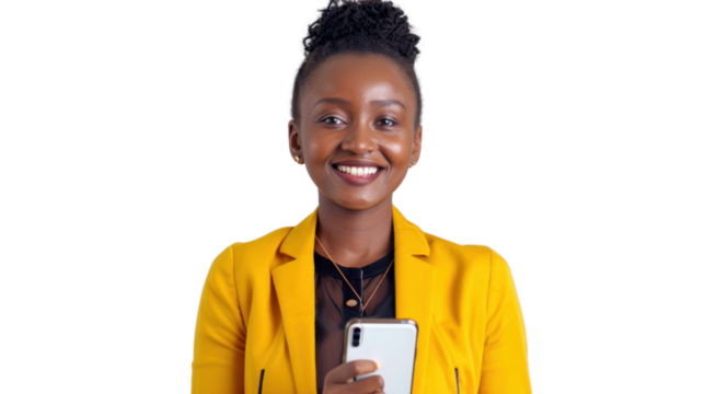 Smiling black businesswoman holding smartphone on transparent background