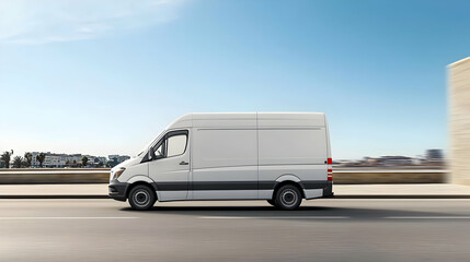 White Delivery Van Driving On An Urban Road In Motion Blur With Buildings In Background And Bright Daylight