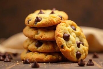 Perfectly stacked chocolate chip cookies, golden brown and inviting , image, cookies