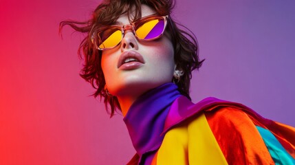 Vibrant fashion portrait with sunglasses and colorful clothing for creative design inspiration