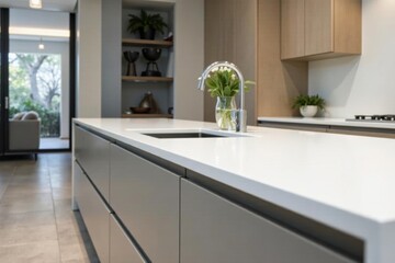Sleek white solid surface countertop with integrated sink, clean, surface