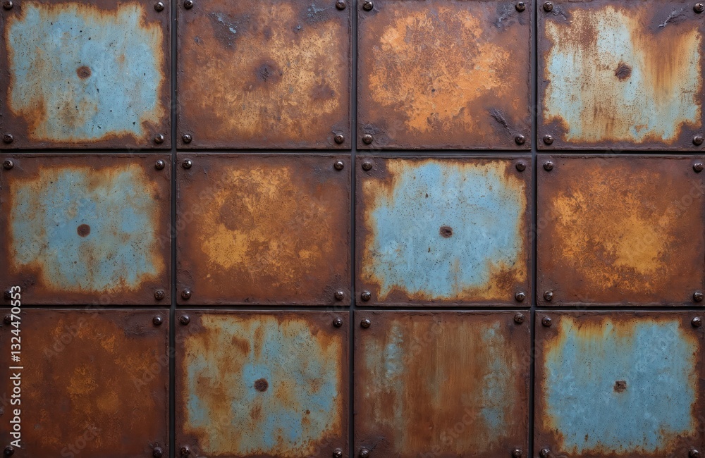 Poster weathered steel panel wall with rust patterns and blue oxidation. textured surface tells story of ti