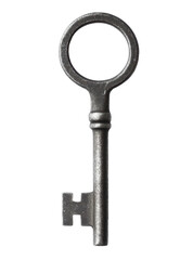Vintage metal key with circular handle and cut, cut out