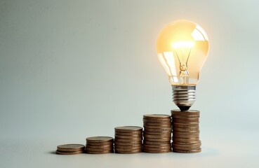 Glowing light bulb stands on stacks of coins, rising electricity costs, energy prices. Concept for energy saving, efficiency, green energy. Financial planning, budget managing, money savings,