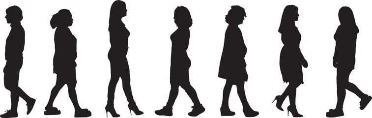 vector; silhouette of side view of a  group of women walking