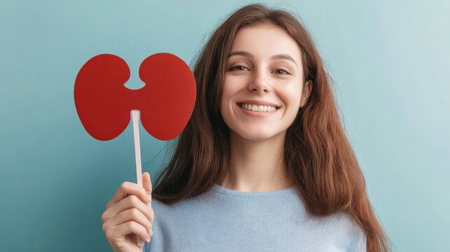 Happy young woman promoting kidney health with bright smile against blue background