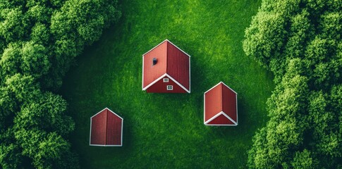 Naklejka premium Aerial view of three red-roofed houses surrounded by lush green grass and trees, creating a peaceful rural scene.