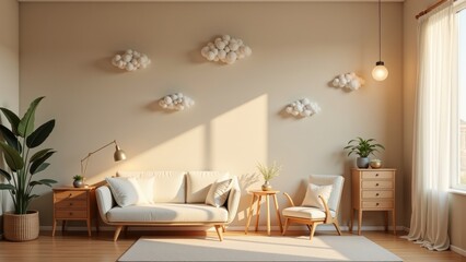 Fototapeta premium Cozy interior featuring soft furnishings, plants, and cloud decorations, embodying tiny dreamers space. Concept emphasizes comfort and tranquility, inviting creativity and relaxation