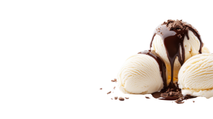 Decadent Chocolate Drizzled Ice Cream Scoops on a White Background