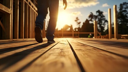 A person walking on a wooden surface during sunset, with construction elements and trees in the background. Concept Sunset Walk, Wooden Surface, Nature and Construction, Serene Landscape