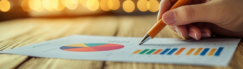 Hand Holding Pen Analyzing Business Reports with Pie Charts and Graphs