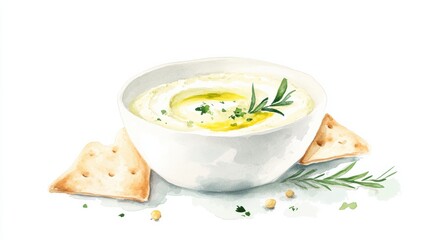 Creamy Chickpea Dip with Olive Oil and Crackers in White Bowl