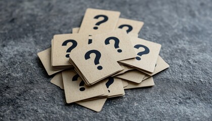 Fototapeta na wymiar Stack Of Cards Adorned With Printed Question Marks On A Textured Gray Background With Ample Space For Additional Graphics