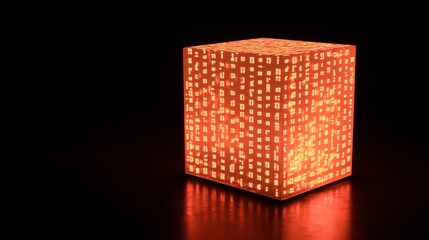 Glowing cube with digital light matrix pattern in dark ambience for futuristic design concepts