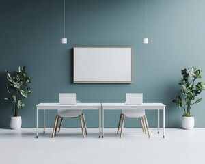 Sleek digital classroom setup featuring minimalist desks, large touchscreens, and a serene background, Digital Classroom, Minimalist workspace