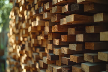 Stacked wooden planks in sunlight creating shadows and patterns in outdoor setting