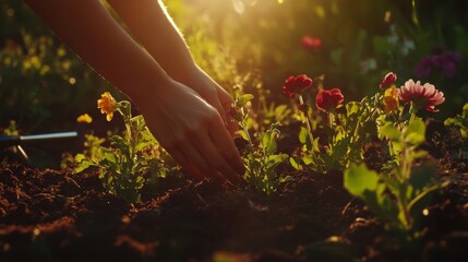 Fototapeta premium Serene sunset gardening scene with vibrant flowers in bloom
