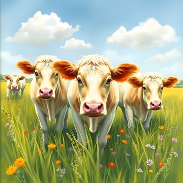 Vacas paseando y pastando en un campo con flores
