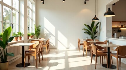Fototapeta premium Sunlit Minimalist Cafe Interior Design with Light Wood Chairs and Tables