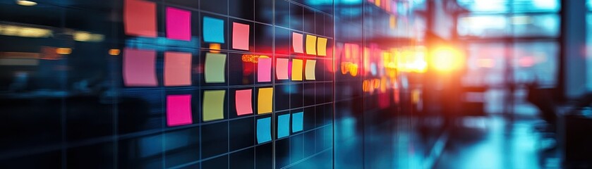 Colorful Sticky Notes on Glass Wall in Modern Office Setting