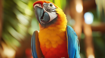 Realistic close-up animation of a colorful parrot perched on a wooden stand, tilting its head as it mimics human speech 
