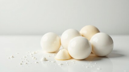 Elegant arrangement of creamy white spheres and a small cone on a pristine surface