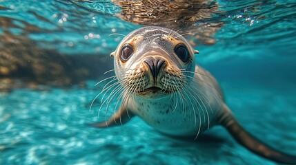 Close-up of a sea lion swimming in turquoise water, whiskers prominent against clear backdrop, marine wildlife portrait.