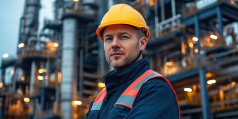 Industrial worker posing confidently at refinery professional portrait urban setting close-up empowerment