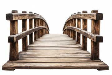 A rustic wooden bridge gracefully arches over a tranquil stream in a serene, sunlit setting isolated on transparent background