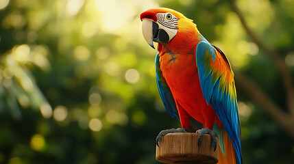 Realistic close-up animation of a colorful parrot perched on a wooden stand, tilting its head as it mimics human speech 