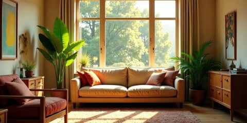 Sunlight streams through a large window illuminating a living room with beige sofa, wooden furniture, and lush potted plants