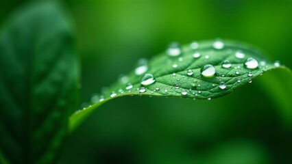 Close-up of a vibrant green leaf glistening with morning dew, showcasing nature's delicate beauty and the purity of water droplets.