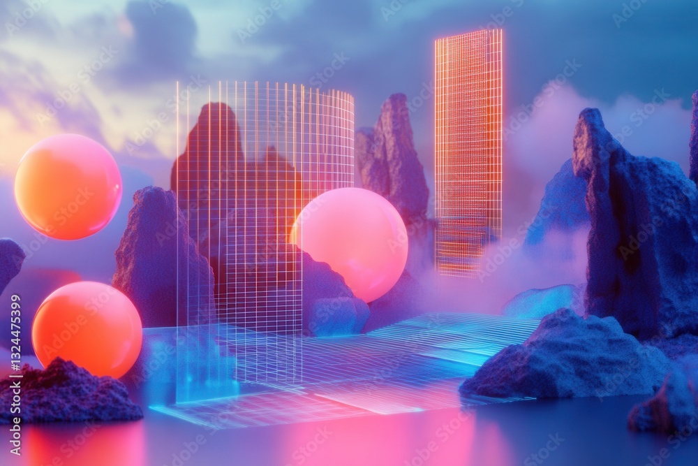 Aufkleber futuristic mixed reality landscape with digital textures, holographic elements, and glowing spheres 