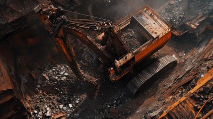 Rusty excavator loading scrap metal in a junkyard.