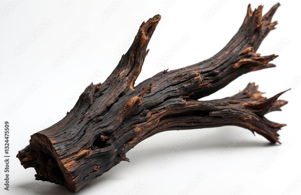 Poster piece of burnt driftwood isolated on transparent background. weathered timber with natural rustic te