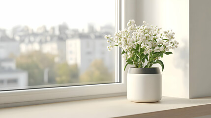 Fototapeta premium White Flowering Plant In Gray Pot On Window Sill With City View In Soft Daylight