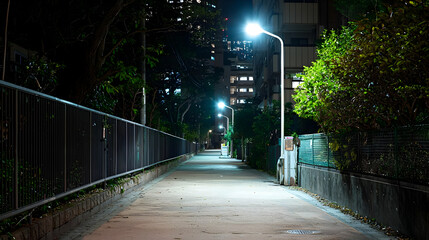 Obraz premium Dark City Street At Night With Bright Street Lights Buildings And Green Vegetation Along The Concrete Path
